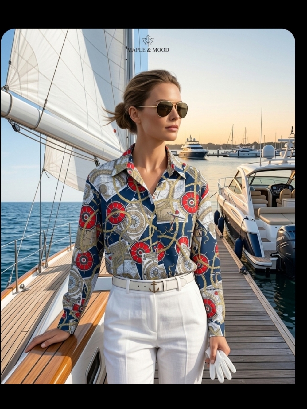 Navy and Red Nautical-Print Button Shirt